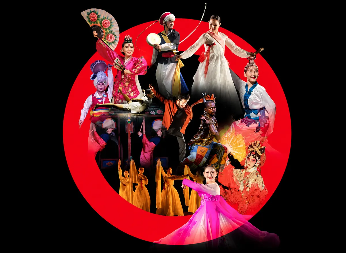 A collage of performance artists dancing against a red circle on a black background