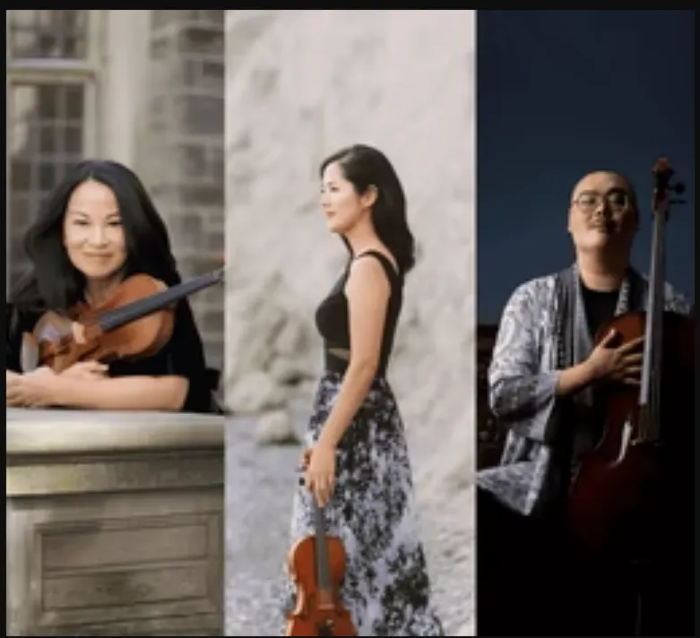 Seiler holds her violin while resting on a table, Min‑Jeong Koh stands wearing a dress, and Daniel Hamin Go with a cello