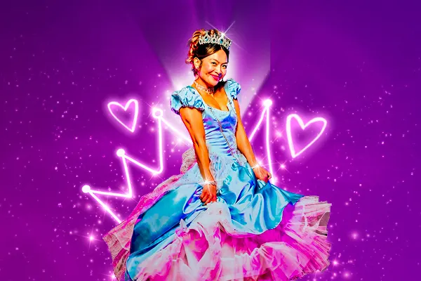 A smiling woman in a tiara and blue ballgown poses against a glowing purple background with neon hearts and a crown.