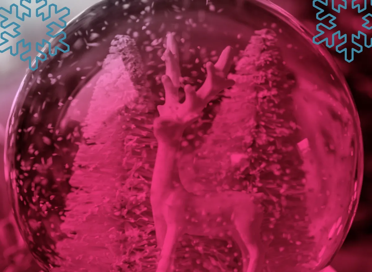 Snow globe with a reindeer inside, and a pink filter overlaid on top of the picture