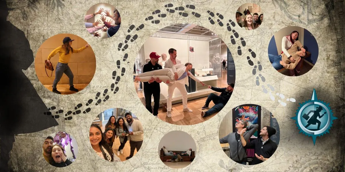 A collage of people participating in group activities, games and challenges, connected by a trail of footprints.
