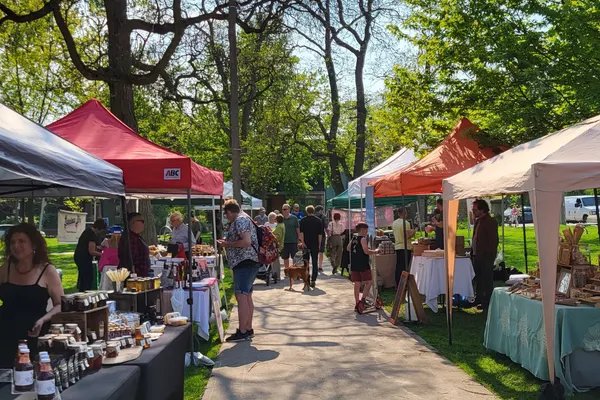 Customers on a sidewalk in a park looking at vendor booths. It is sunny and there are trees in the background.