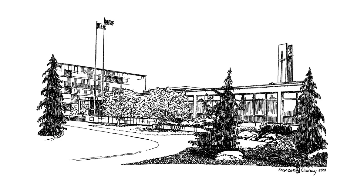 Black and white sketch of the Etobicoke Civic Centre