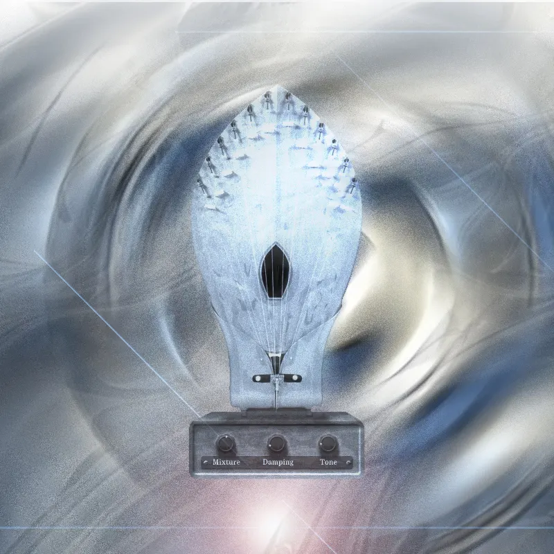 Abstract image of electronic musical instrument with translucent, glowing body, set against swirling silver, blue shapes
