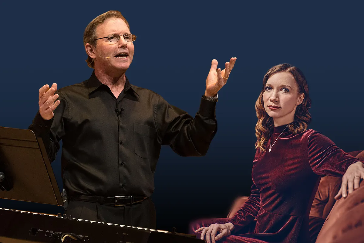 Passionate male speaker in a black shirt and a distinguished female pianist in a red velvet dress