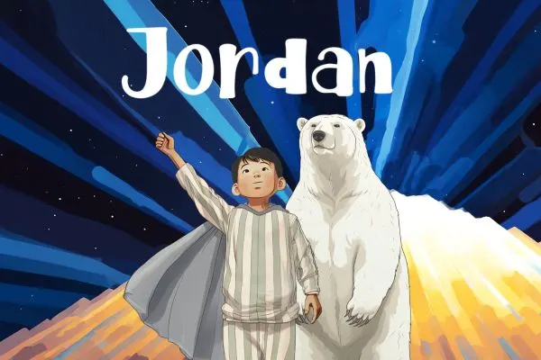 Illustration of a young boy, Jordan raising his fist next to a polar bear.