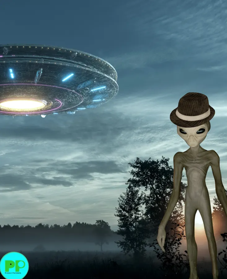 Cloudy sky, grey-alien in foreground right, wearing a fedora. Background right, a giant flying saucer.