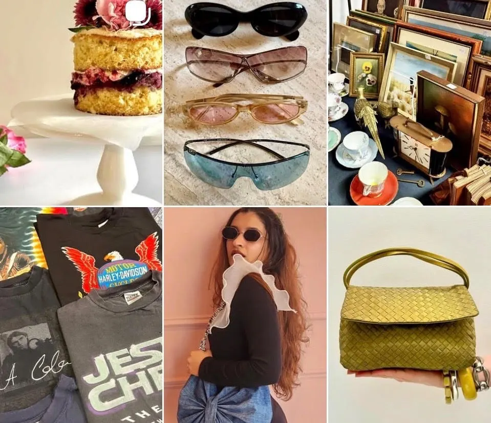 several photos with products, including handbags, glasses, clothes, fashion and food