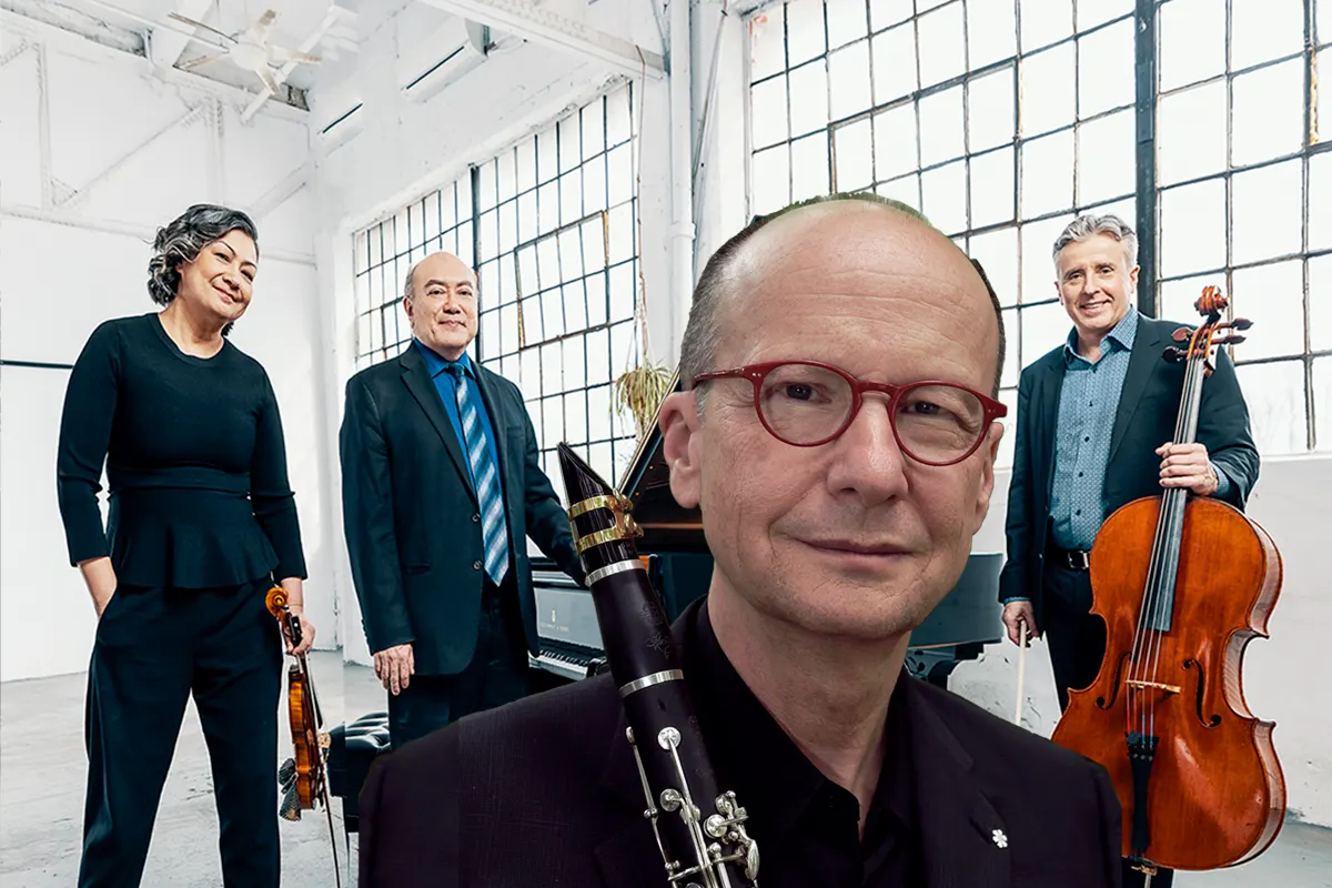 Two male and one female musicians with a piano, violin and cello, and a man with glasses holding a clarinet