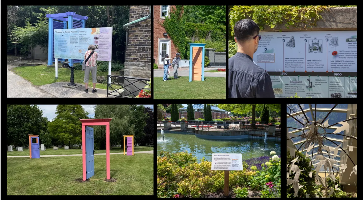 Collage of people looking at colourful art installations in different cementaries.