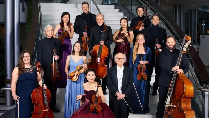 A group of classical musicians hold their instruments and stand on a staircase.