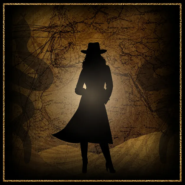 A mysterious silhouetted figure in a hat and long coat stands against an antique-style map background.