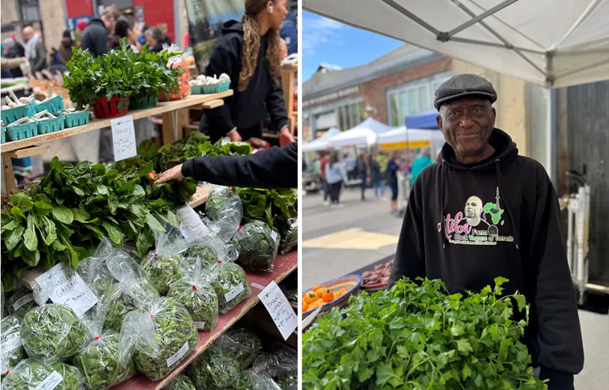 Left: Winter Market photo featuring fresh greens and produce Right: Joe G Thomas of Atiba Farms during outdoor market