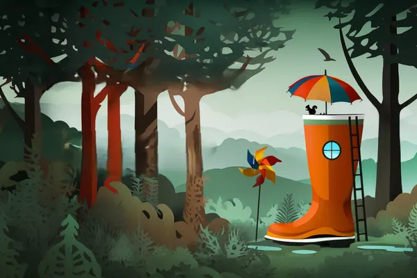 A big orange rain boot stands in a lush green forest.