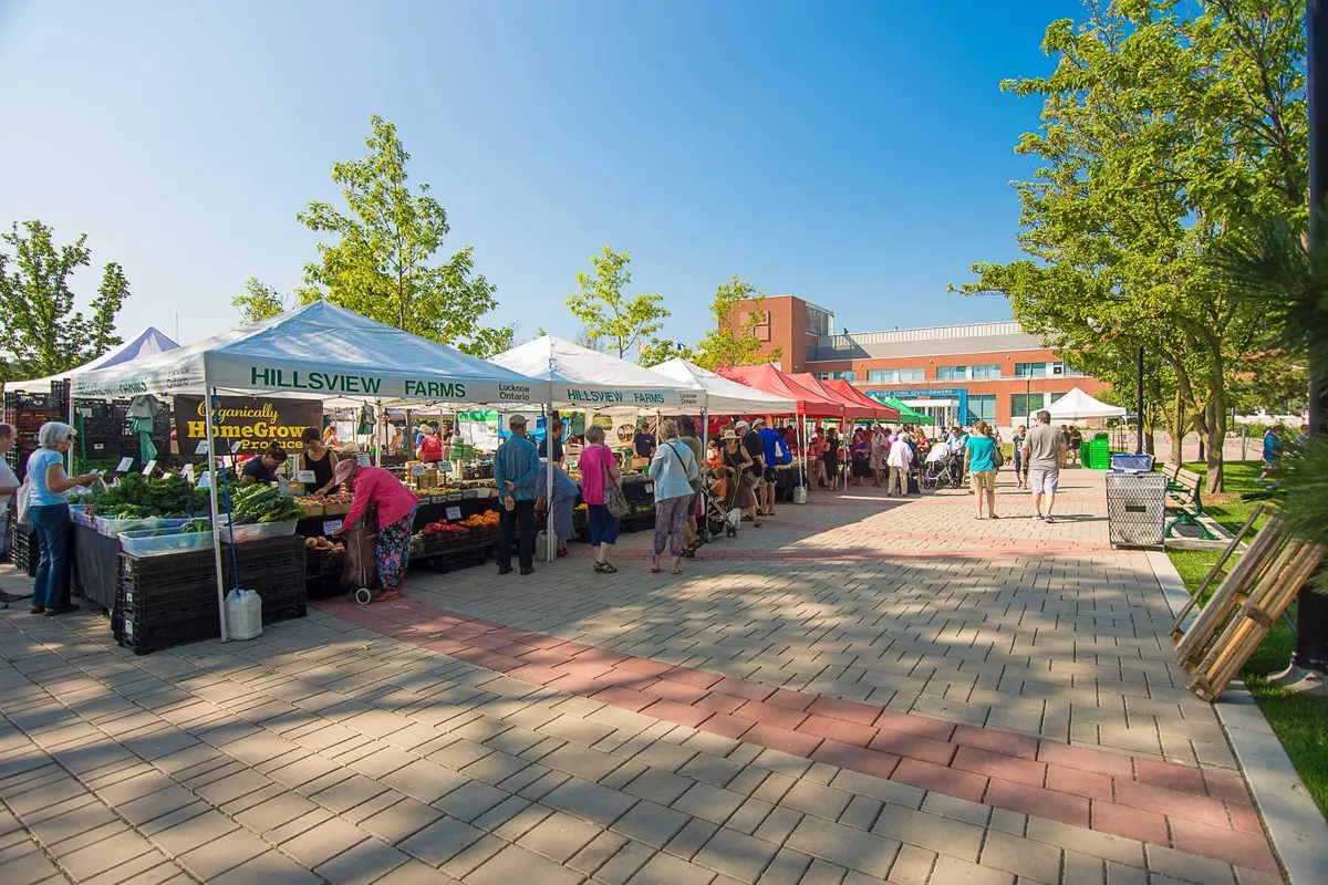 accesible path with market tents and boooth featuring local produce