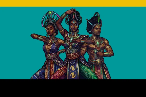 Three people of African decent, depicted from the chest up, against a solid teal background, with a thin yellow stripe