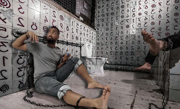 On the left, man is sitting shackled to the wall covered in symbols behind him. On the right, a pair of feet, shackled.