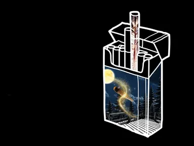 A cigarette pack has a porch, night sky, a feather, & the moon on it with one cigarette up.