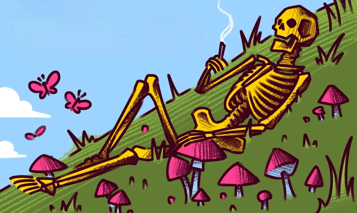 A skeleton lays against the side of a hill, smoking. Mushrooms grow around it.