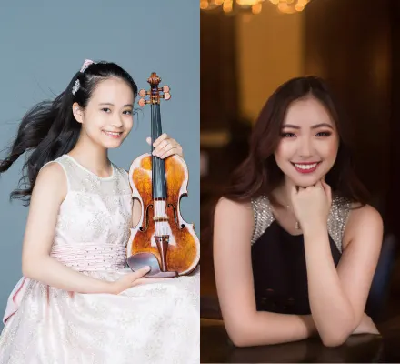 Two portraits: a violinist playing her instrument and a pianist posing in an elegant concert setting