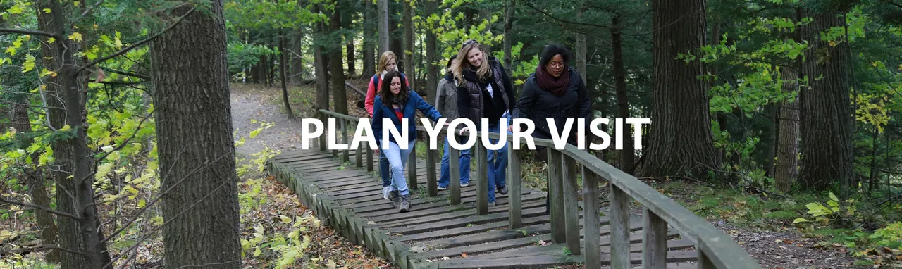 A group walking on a woodland trail at Kortright Centre.